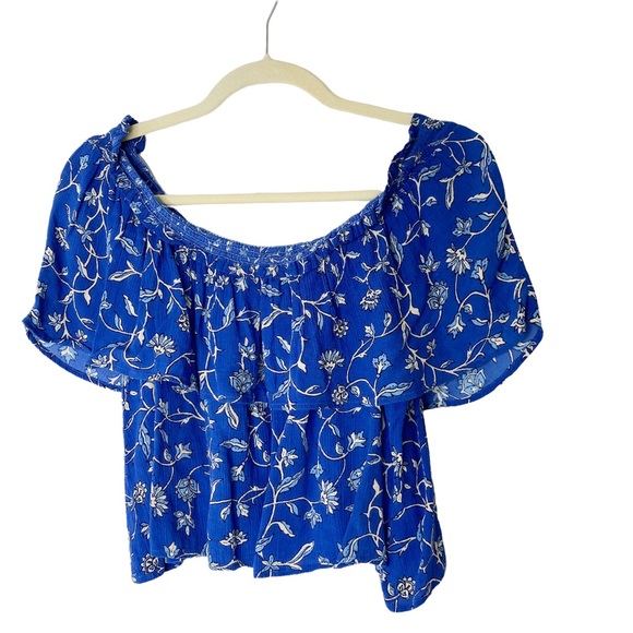 Amuse Society In Your Dreams Blue Floral Gauze Crop Off Shoulder Top Small - Picture 4 of 9